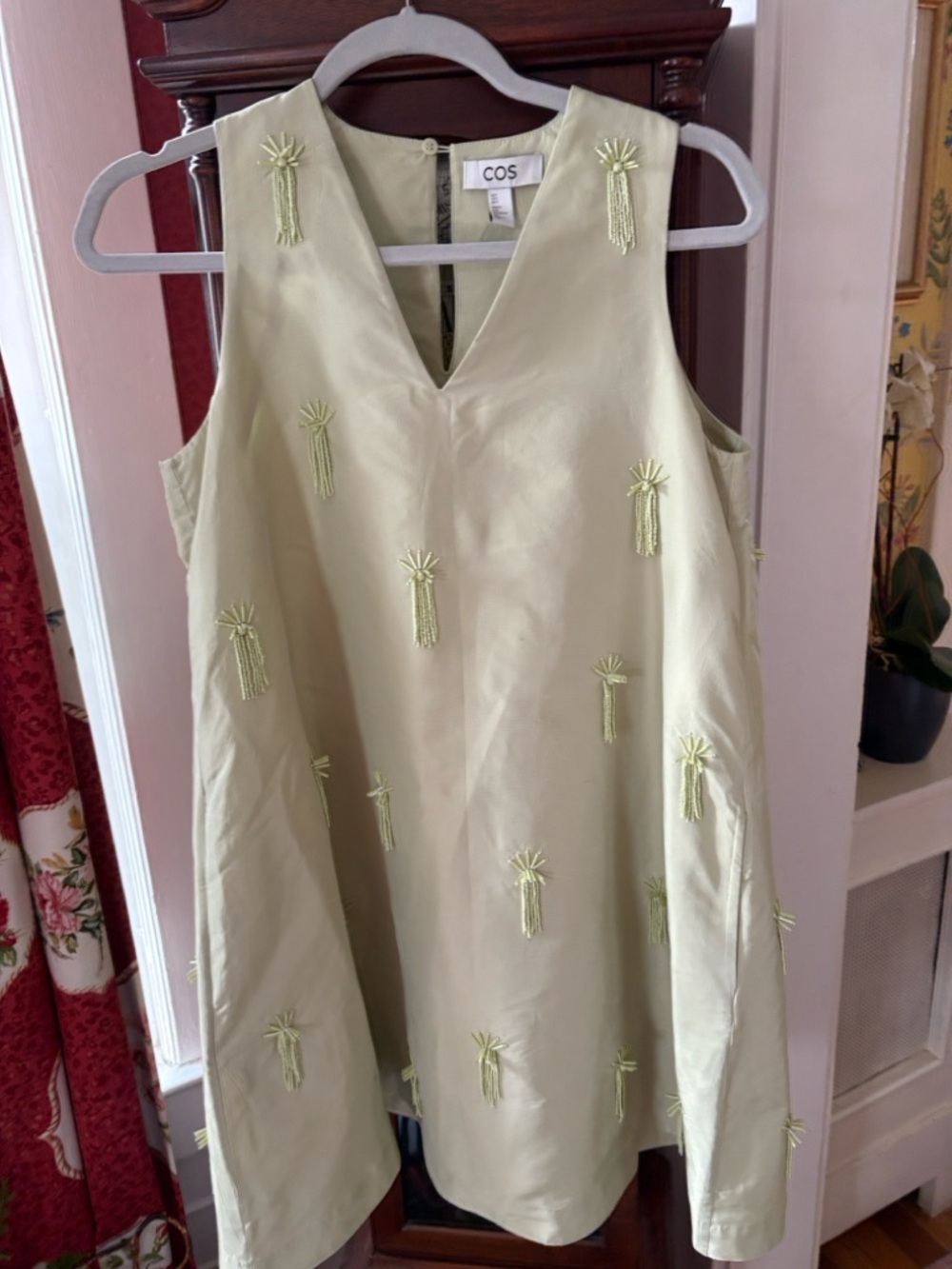 COS Light Green Embellished V-Neck Mini Dress